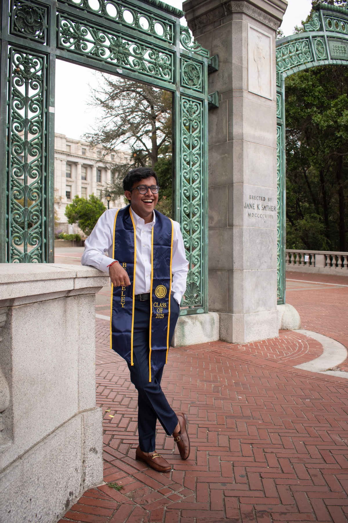 Seyone Chithrananda smiling at Berkeley’s Sather Gate